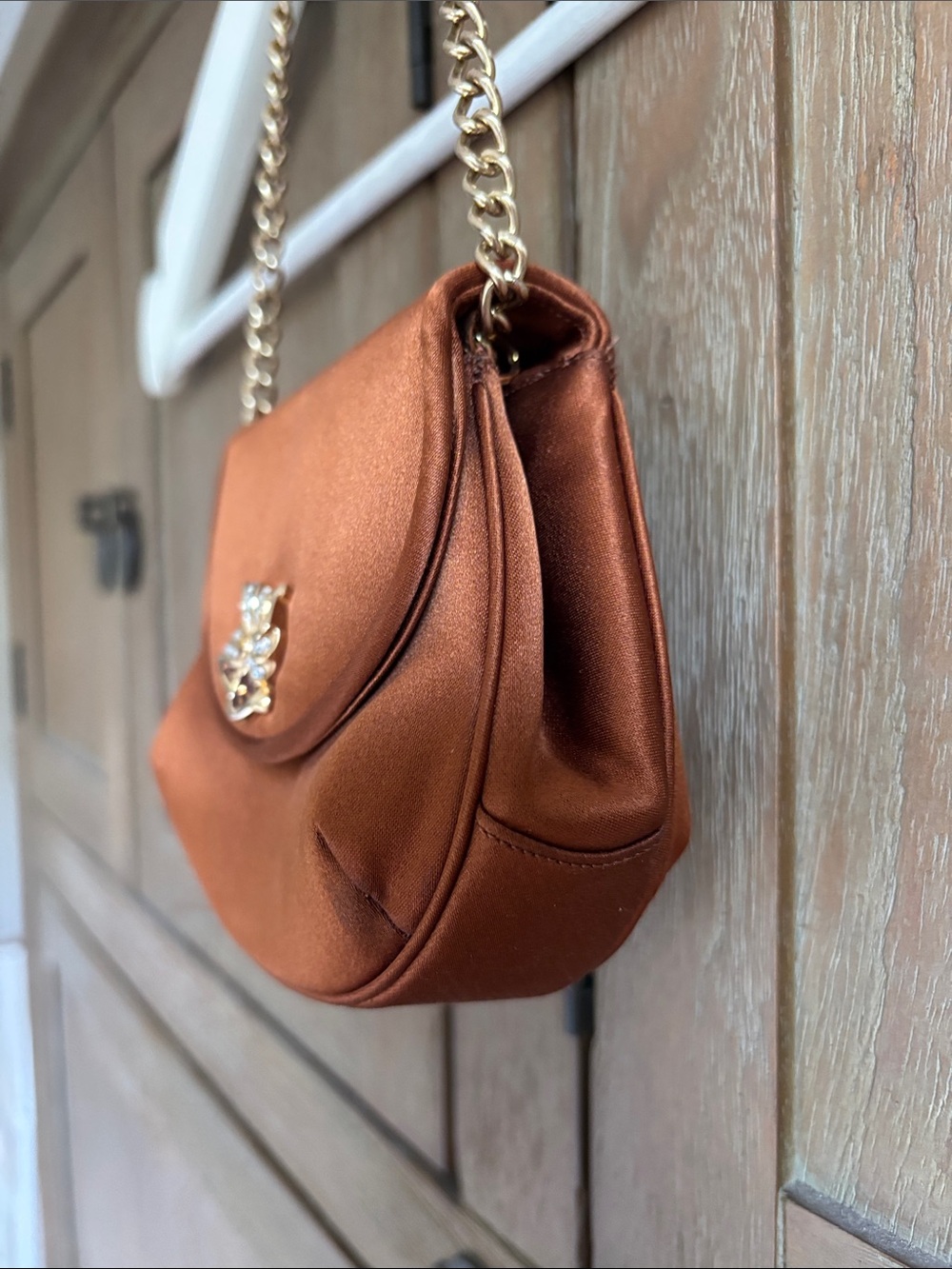Judith Leiber Satin Mini Bag with Gold Chain - Copper Brown - Picture 4 of 7